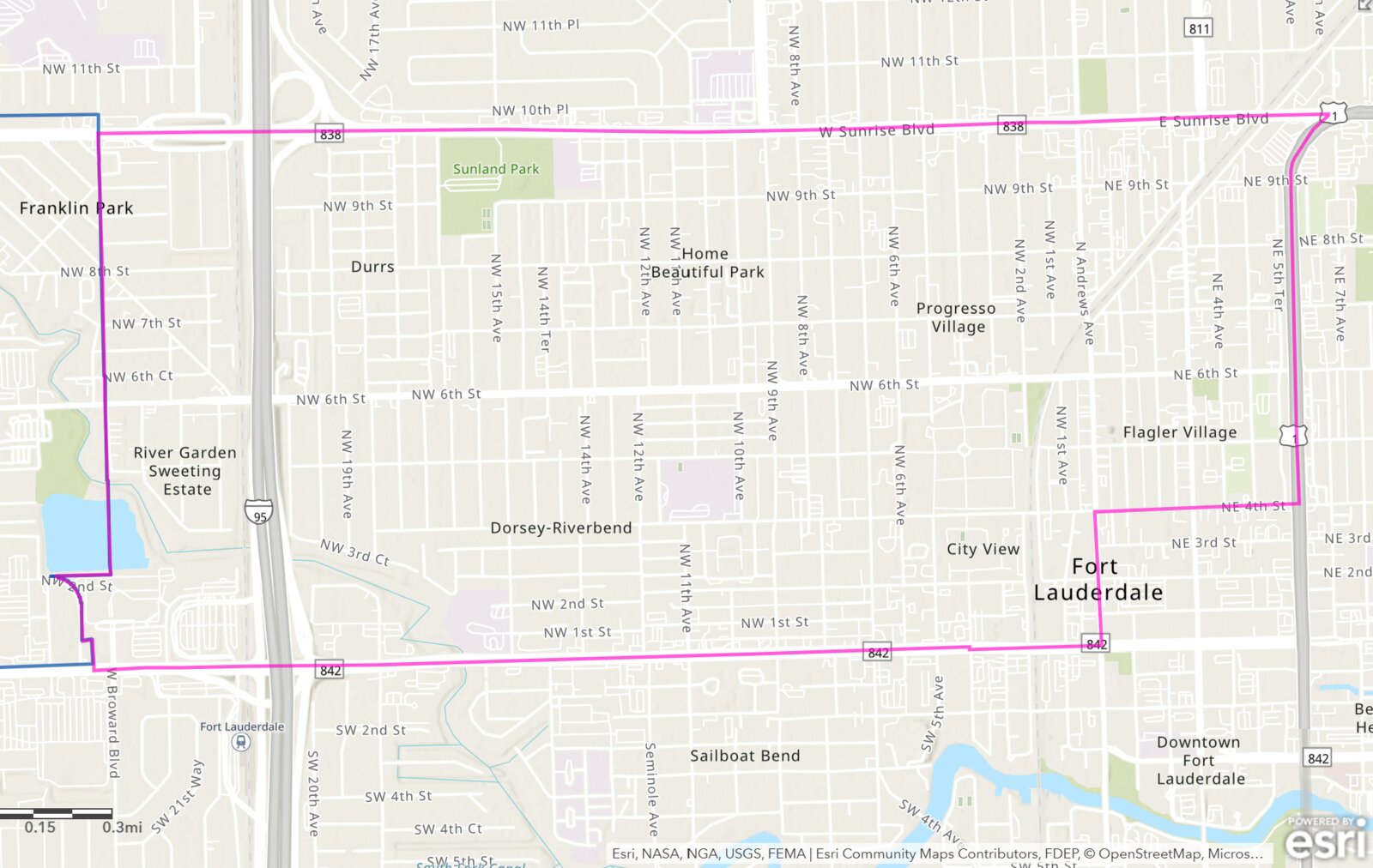 The NW Progresso-Flagler CRA boundary (1,412 acres) north of Downtown Fort Lauderdale — Durrs, Dorsey-Riverbend, Progresso Village, City View, and Flagler Village. BusinessFlare® / Esri.